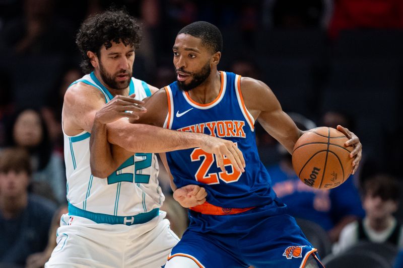 CHARLOTTE, NORTH CAROLINA - OCTOBER 06: Vasilije Micic #22 of the Charlotte Hornets guards Mikal Bridges #25 of the New York Knicks in the first quarter during a preseason game at Spectrum Center on October 06, 2024 in Charlotte, North Carolina. NOTE TO USER: User expressly acknowledges and agrees that, by downloading and or using this photograph, User is consenting to the terms and conditions of the Getty Images License Agreement. (Photo by Jacob Kupferman/Getty Images)