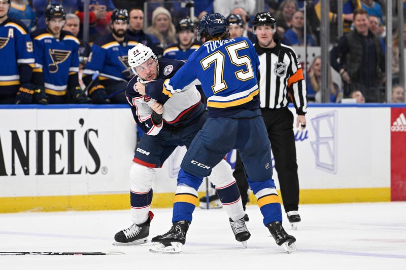 Jan 30, 2024; St. Louis, Missouri, USA; Columbus Blue Jackets right wing Mathieu Olivier (24) fights St. Louis Blues defenseman Tyler Tucker (75) during the second period at Enterprise Center. Mandatory Credit: Jeff Le-USA TODAY Sports