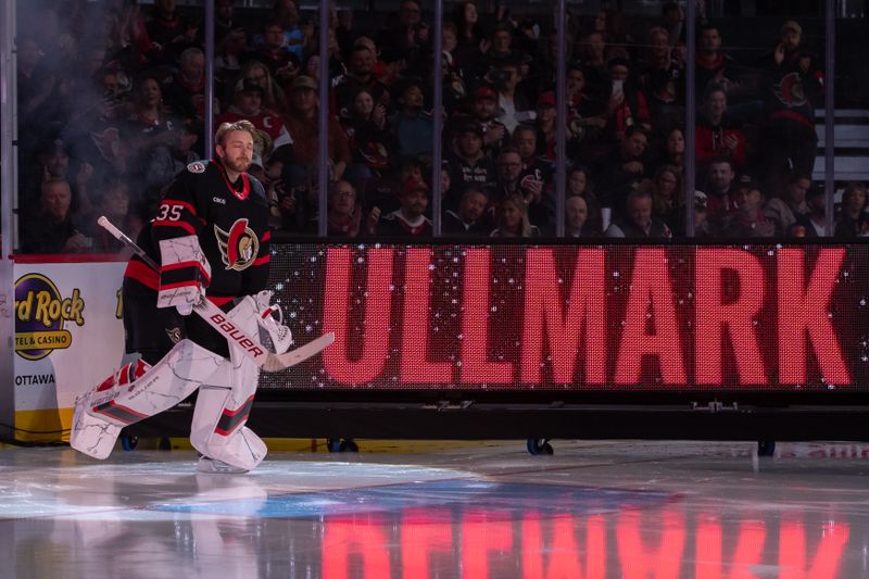 Oct 10, 2024; Ottawa, Ontario, CAN; Ottawa Senators goalie Linus Ullmark (35) is introduced prior to the start of the season opening game against the Florida Panthers at the Canadian Tire Centre. Mandatory Credit: Marc DesRosiers-Imagn Images