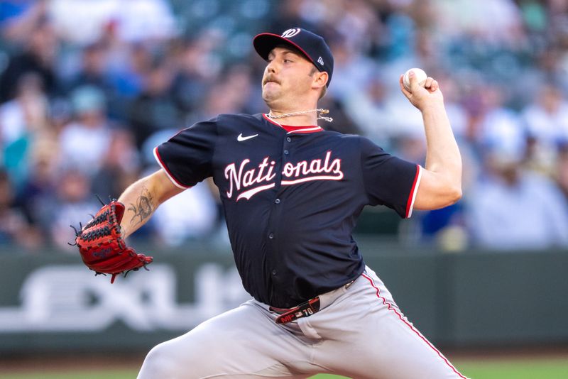 May 27, 2025; Seattle, Washington, USA;  Washington Nationals starter Mitchell Parker (70) delivers a pitch during the second inning against the Seattle Mariners at T-Mobile Park. Mandatory Credit: Stephen Brashear-Imagn Images