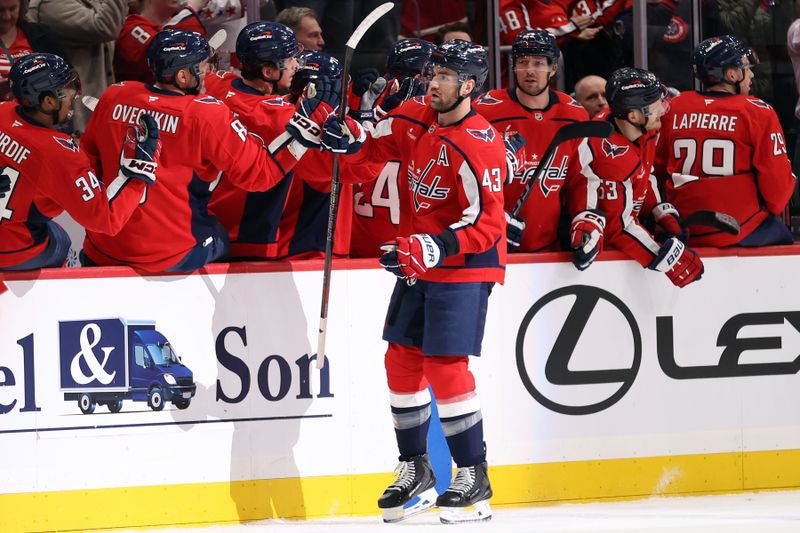 Mar 18, 2026; Washington, District of Columbia, USA; Washington Capitals right wing Tom Wilson (43) celebrates with teammates after scoring a goal during the second period against the Ottawa Senators at Capital One Arena. Mandatory Credit: Daniel Kucin Jr.-Imagn Images