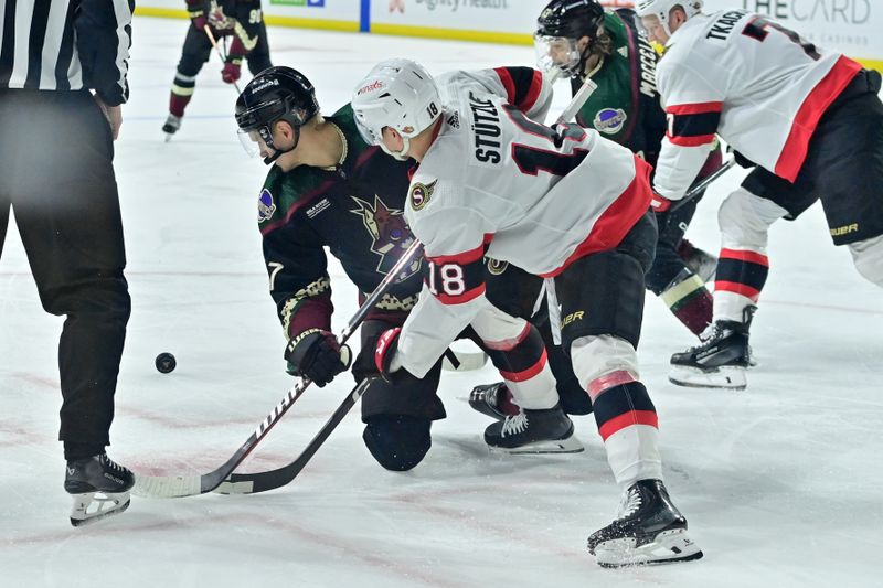 Dec 19, 2023; Tempe, Arizona, USA; Arizona Coyotes center Nick Bjugstad (17) wins a face off against Ottawa Senators center Tim Stutzle (18) in the second period at Mullett Arena. Mandatory Credit: Matt Kartozian-USA TODAY Sports