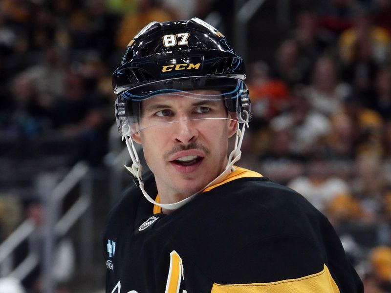 Oct 31, 2024; Pittsburgh, Pennsylvania, USA;  Pittsburgh Penguins center Sidney Crosby (87) reacts on the ice against the Anaheim Ducks during the third period at PPG Paints Arena. Mandatory Credit: Charles LeClaire-Imagn Images