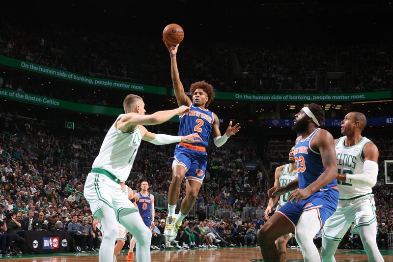 BOSTON, MA - APRIL 11: Miles McBride #2 of the New York Knicks shoots the ball during the game against the Boston Celtics on April 11, 2024 at the TD Garden in Boston, Massachusetts. NOTE TO USER: User expressly acknowledges and agrees that, by downloading and or using this photograph, User is consenting to the terms and conditions of the Getty Images License Agreement. Mandatory Copyright Notice: Copyright 2024 NBAE  (Photo by Nathaniel S. Butler/NBAE via Getty Images)