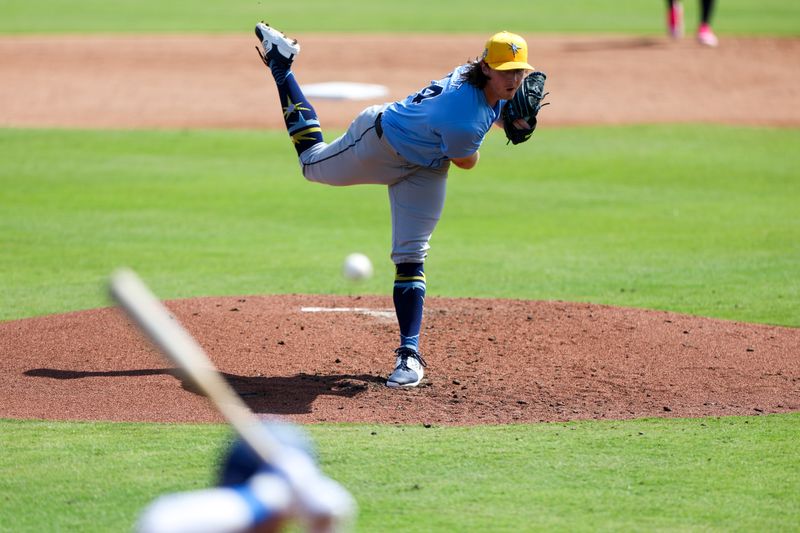 Feb 28, 2024; Dunedin, Florida, USA;  Tampa Bay Rays starting pitcher Ryan Pepiot (44) throws a pitch against the Toronto Blue Jays in the second inning at TD Ballpark. Mandatory Credit: Nathan Ray Seebeck-USA TODAY Sports