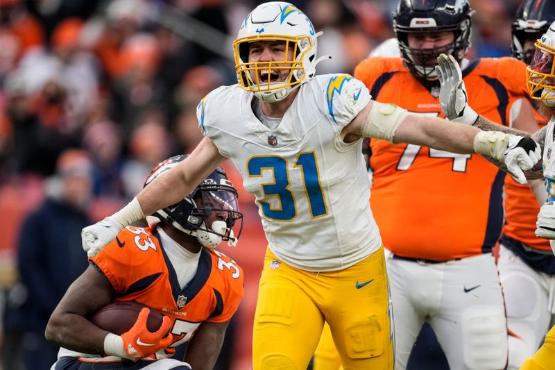 Los Angeles Chargers linebacker Nick Niemann (31) reacts to hitting Denver Broncos running back Javonte Williams (33) during the second half of an NFL football game, Sunday, Dec. 31, 2023, in Denver. (AP Photo/David Zalubowski)