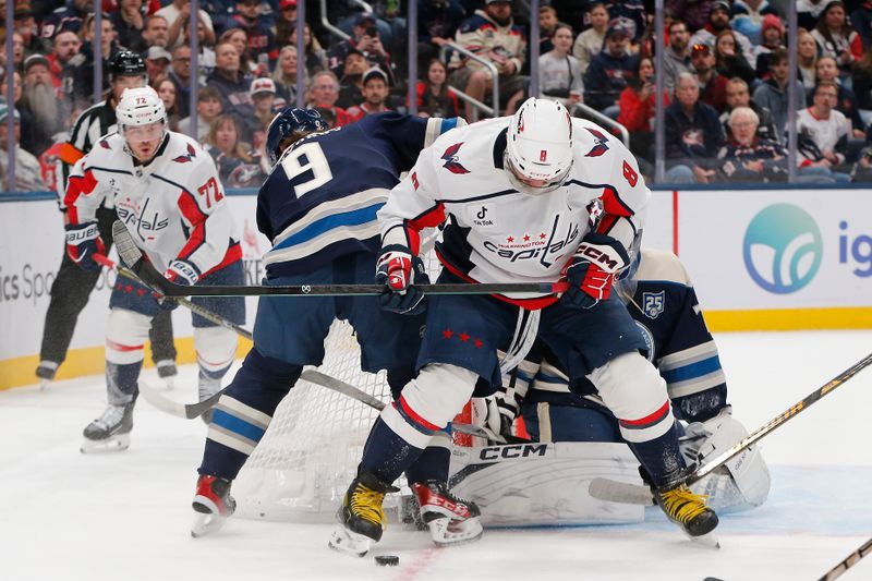 Oct 24, 2025; Columbus, Ohio, USA; Washington Capitals left wing Alex Ovechkin (8) looks for the rebound of a Columbus Blue Jackets goalie Jet Greaves (73) save during the first period at Nationwide Arena. Mandatory Credit: Russell LaBounty-Imagn Images