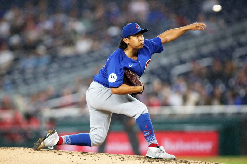 Aug 30, 2024; Washington, District of Columbia, USA; Chicago Cubs starting pitcher Shota Imanaga (18) pitches during the third inning against the Washington Nationals at Nationals Park. Mandatory Credit: Daniel Kucin Jr.-USA TODAY Sports


