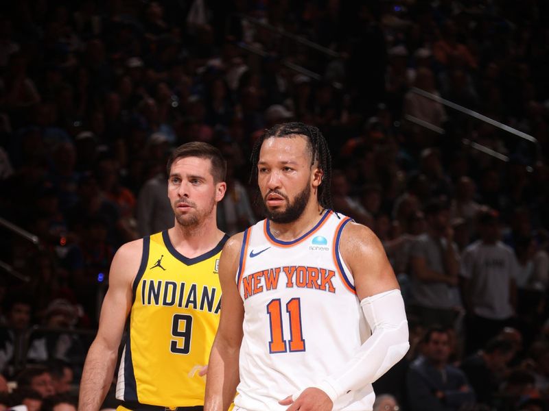 NEW YORK, NY - MAY 19: Jalen Brunson #11 of the New York Knicks looks on during the game against the Indiana Pacers during Round 2 Game 7 of the 2024 NBA Playoffs on May 19, 2024 at Madison Square Garden in New York City, New York.  NOTE TO USER: User expressly acknowledges and agrees that, by downloading and or using this photograph, User is consenting to the terms and conditions of the Getty Images License Agreement. Mandatory Copyright Notice: Copyright 2024 NBAE  (Photo by Nathaniel S. Butler/NBAE via Getty Images)