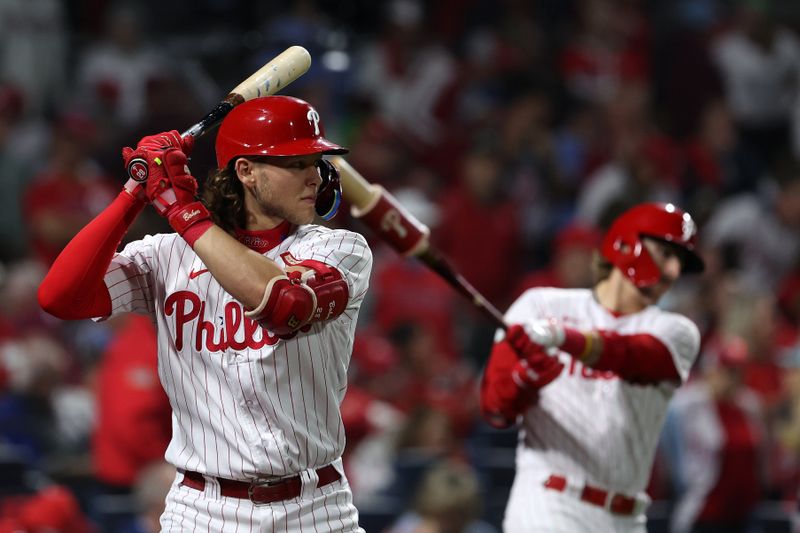 Oct 24, 2023; Philadelphia, Pennsylvania, USA; Philadelphia Phillies first baseman Alec Bohm (28) prepares to bat in the second inning for game seven of the NLCS for the 2023 MLB playoffs at Citizens Bank Park. Mandatory Credit: Bill Streicher-USA TODAY Sports