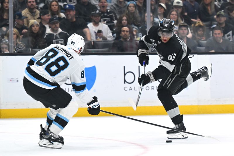 Mar 28, 2026; Los Angeles, California, USA; Los Angeles Kings right wing Quinton Byfield (55) shoots the puck against Utah Mammoth defenseman Nate Schmidt (88) during the second period at Crypto.com Arena. Mandatory Credit: Griffin Hooper-Imagn Images
Mar 28, 2026; Los Angeles, California, USA; Los Angeles Kings right wing Quinton Byfield (55) shoots the puck against Utah Mammoth defenseman Nate Schmidt (88) during the second period at Crypto.com Arena. Mandatory Credit: Griffin Hooper-Imagn Images