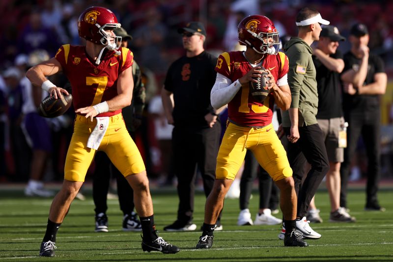 Nov 4, 2023; Los Angeles, California, USA; USC Trojans quarterback Caleb Williams (13) prepares to throw the ball before a game against the Washington Huskies at United Airlines Field at Los Angeles Memorial Coliseum. Mandatory Credit: Jessica Alcheh-USA TODAY Sports