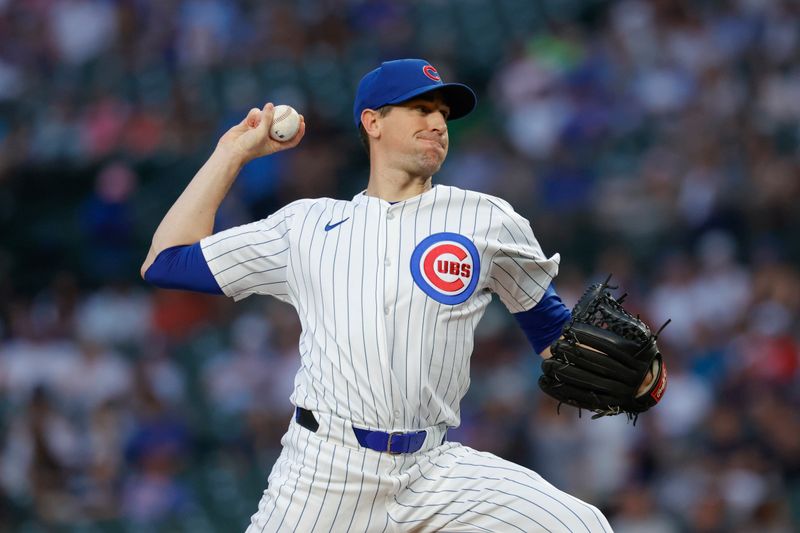Aug 5, 2024; Chicago, Illinois, USA; Chicago Cubs starting pitcher Kyle Hendricks (28) delivers a pitch against the Minnesota Twins during the first inning at Wrigley Field. Mandatory Credit: Kamil Krzaczynski-USA TODAY Sports