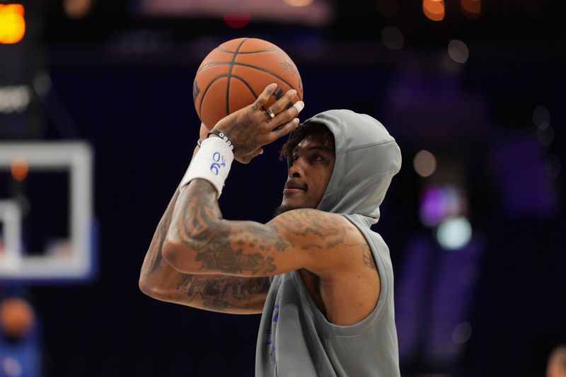 PHILADELPHIA, PA - OCTOBER 7: Kelly Oubre Jr. #9 of the Philadelphia 76ers warms up before the game against the New Zealand Breakers during a NBA Preseason Game on October 7, 2024 at the Wells Fargo Center in Philadelphia, Pennsylvania NOTE TO USER: User expressly acknowledges and agrees that, by downloading and/or using this Photograph, user is consenting to the terms and conditions of the Getty Images License Agreement. Mandatory Copyright Notice: Copyright 2024 NBAE (Photo by Jesse D. Garrabrant/NBAE via Getty Images)