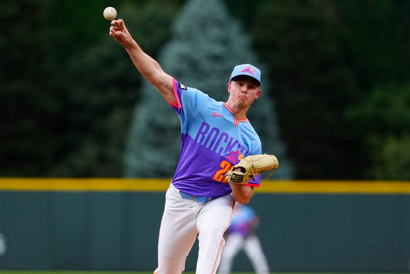 Aug 15, 2025; Denver, Colorado, USA; Colorado Rockies starting pitcher Tanner Gordon (29) delivers a pitch in the fourth inning against the Arizona Diamondbacks at Coors Field. Mandatory Credit: Ron Chenoy-Imagn Images