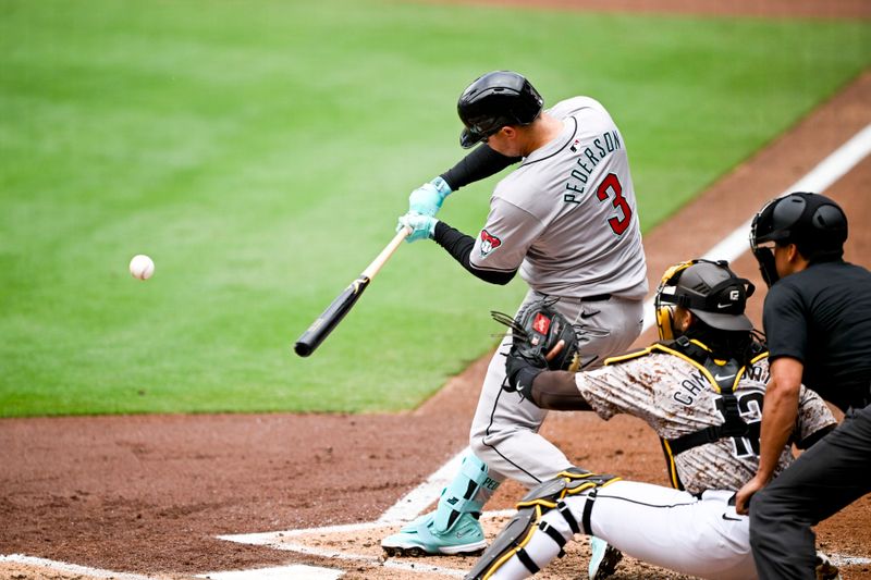 Jun 9, 2024; San Diego, California, USA; Arizona Diamondbacks designated hitter Joc Pederson (3) hits an RBI single during the second inning against the San Diego Padres at Petco Park. Mandatory Credit: Denis Poroy-USA TODAY Sports at Petco Park. 