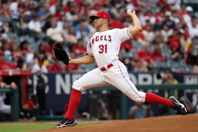 Sep 9, 2023; Anaheim, California, USA;  Los Angeles Angels starting pitcher Tyler Anderson (31) pitches during the first inning against the Cleveland Guardians at Angel Stadium. Mandatory Credit: Kiyoshi Mio-USA TODAY Sports