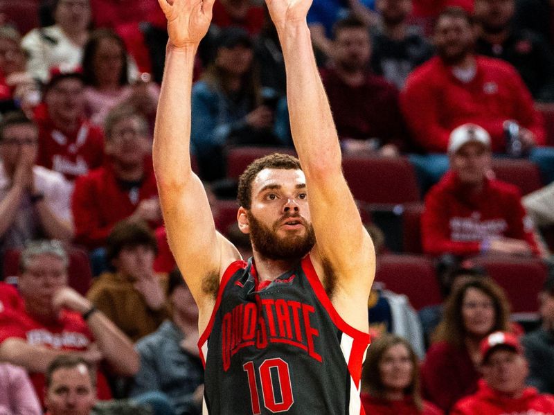 Jan 23, 2024; Lincoln, Nebraska, USA; Ohio State Buckeyes forward Jamison Battle (10) shoots the ball against the Nebraska Cornhuskers during the second half at Pinnacle Bank Arena. Mandatory Credit: Dylan Widger-USA TODAY Sports