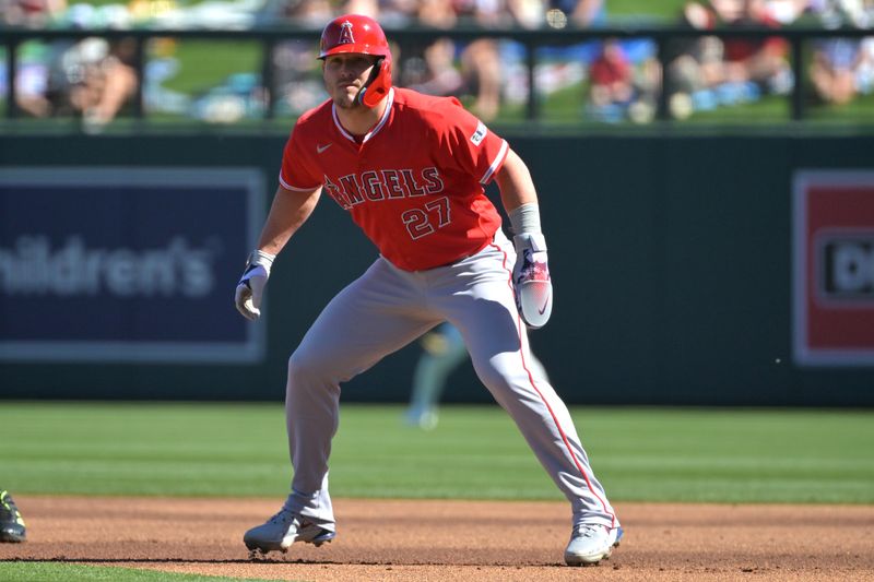 Feb 22, 2026; Salt River Pima-Maricopa, Arizona, USA; Los Angeles Angels right fielder Mike Trout (27) takes a lead off second base in the first inning against the Arizona Diamondbacks at Salt River Fields at Talking Stick. Mandatory Credit: Jayne Kamin-Oncea-Imagn Images