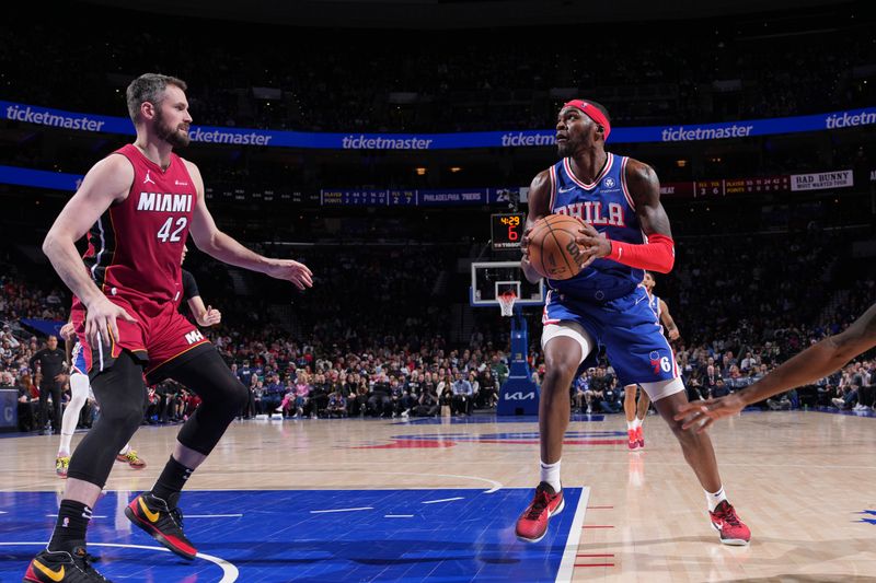 PHILADELPHIA, PA - FEBRUARY 14: Paul Reed #44 of the Philadelphia 76ers drives to the basket during the game against the Miami Heat on February 14, 2024 at the Wells Fargo Center in Philadelphia, Pennsylvania NOTE TO USER: User expressly acknowledges and agrees that, by downloading and/or using this Photograph, user is consenting to the terms and conditions of the Getty Images License Agreement. Mandatory Copyright Notice: Copyright 2024 NBAE (Photo by Jesse D. Garrabrant/NBAE via Getty Images)