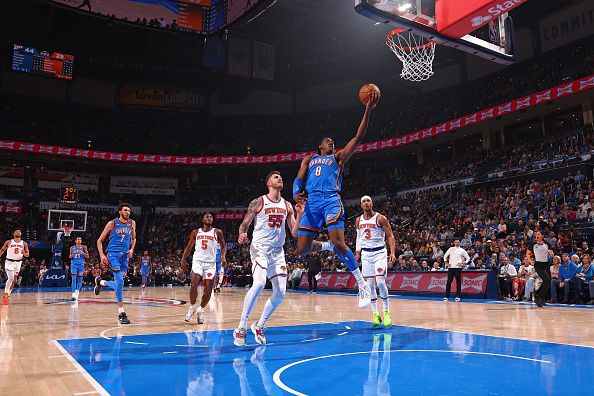 OKLAHOMA CITY, OK - DECEMBER 27: Jalen Williams #8 of the Oklahoma City Thunder shoots the ball during the game against the New York Knicks on December 27, 2023 at Paycom Arena in Oklahoma City, Oklahoma. NOTE TO USER: User expressly acknowledges and agrees that, by downloading and or using this photograph, User is consenting to the terms and conditions of the Getty Images License Agreement. Mandatory Copyright Notice: Copyright 2023 NBAE (Photo by Zach Beeker/NBAE via Getty Images)