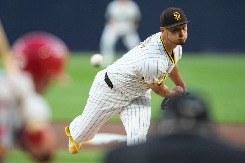 Apr 2, 2024; San Diego, California, USA; San Diego Padres starting pitcher Yu Darvish (11) throws a pitch against the St. Louis Cardinals during the first inning at Petco Park. Mandatory Credit: Ray Acevedo-USA TODAY Sports