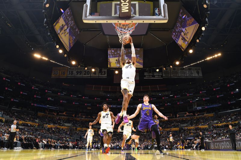 LOS ANGELES, CA - NOVEMBER 19: Keyonte George #3 of the Utah Jazz drives to the basket during the game against the Los Angeles Lakers during the Emirates NBA Cup game on November 19, 2024 at Crypto.Com Arena in Los Angeles, California. NOTE TO USER: User expressly acknowledges and agrees that, by downloading and/or using this Photograph, user is consenting to the terms and conditions of the Getty Images License Agreement. Mandatory Copyright Notice: Copyright 2024 NBAE (Photo by Adam Pantozzi/NBAE via Getty Images)