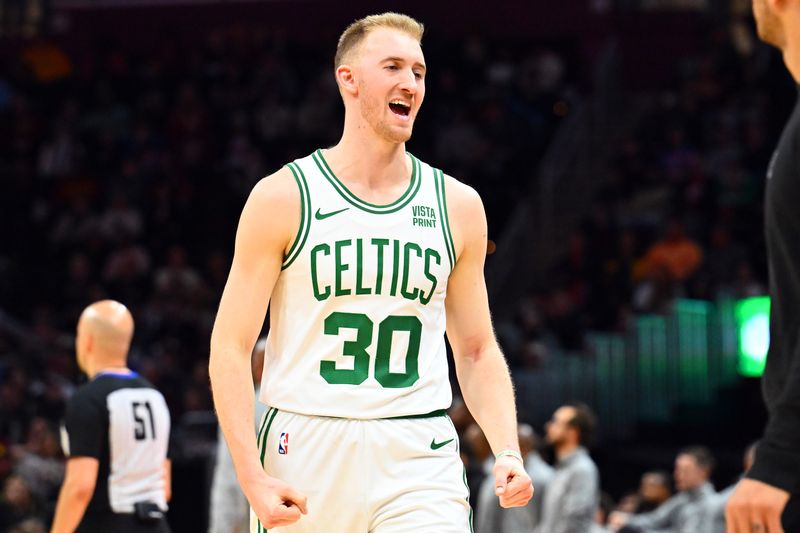 CLEVELAND, OHIO - MARCH 05: Sam Hauser #30 of the Boston Celtics reacts during the third quarter against the Cleveland Cavaliers at Rocket Mortgage Fieldhouse on March 05, 2024 in Cleveland, Ohio. The Cavaliers defeated the Celtics 105-104. NOTE TO USER: User expressly acknowledges and agrees that, by downloading and or using this photograph, User is consenting to the terms and conditions of the Getty Images License Agreement. (Photo by Jason Miller/Getty Images)