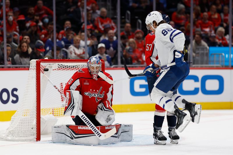 Oct 24, 2023; Washington, District of Columbia, USA; Washington Capitals goaltender Darcy Kuemper (35) is beaten by a shot by Toronto Maple Leafs center Auston Matthews (not pictured) in the second period at Capital One Arena. Mandatory Credit: Geoff Burke-USA TODAY Sports