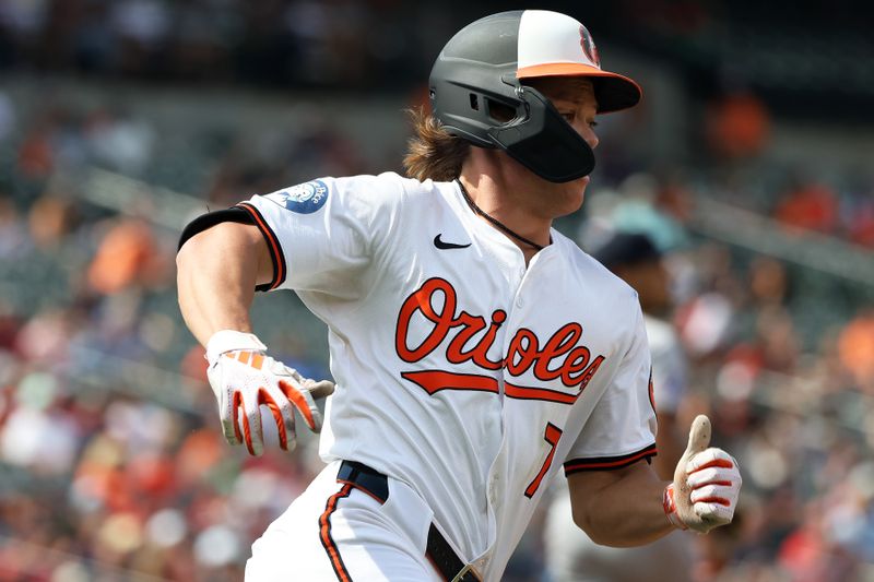 Aug 28, 2025; Baltimore, Maryland, USA; Baltimore Orioles second baseman Jackson Holliday (7) runs the bases after hitting a double during the seventh inning against the Boston Red Sox at Oriole Park at Camden Yards. Mandatory Credit: Daniel Kucin Jr.-Imagn Images