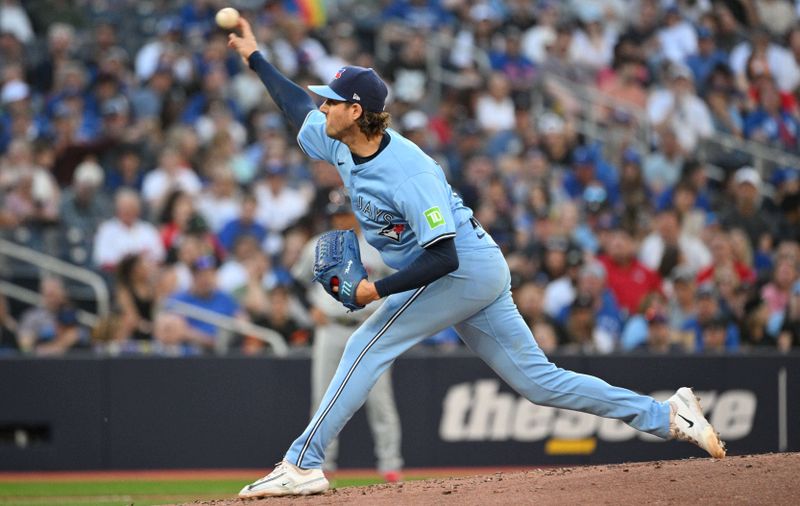 Jun 14, 2024; Toronto, Ontario, CAN;  Toronto Blue Jays starting pitcher Kevin Gausman (34) delivers a pitch against the Cleveland Indians in the third inning at Rogers Centre. Mandatory Credit: Dan Hamilton-USA TODAY Sports