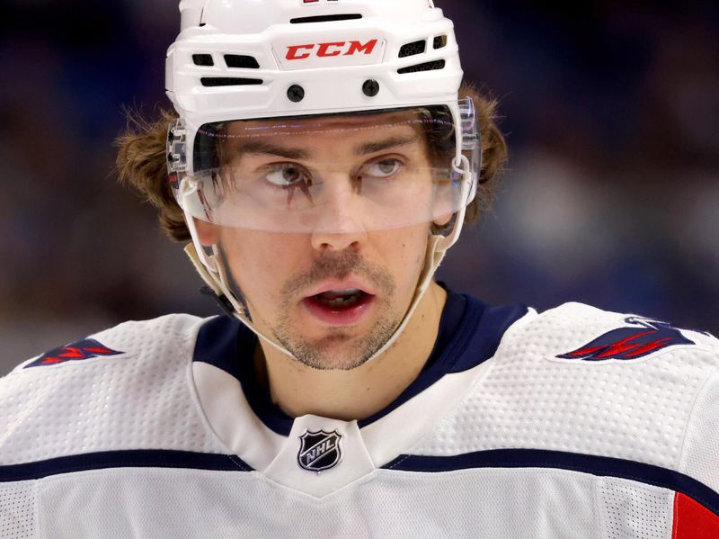 Apr 11, 2024; Buffalo, New York, USA;  Washington Capitals center Dylan Strome (17) waits for the face-off during the first period against the Buffalo Sabres at KeyBank Center. Mandatory Credit: Timothy T. Ludwig-USA TODAY Sports