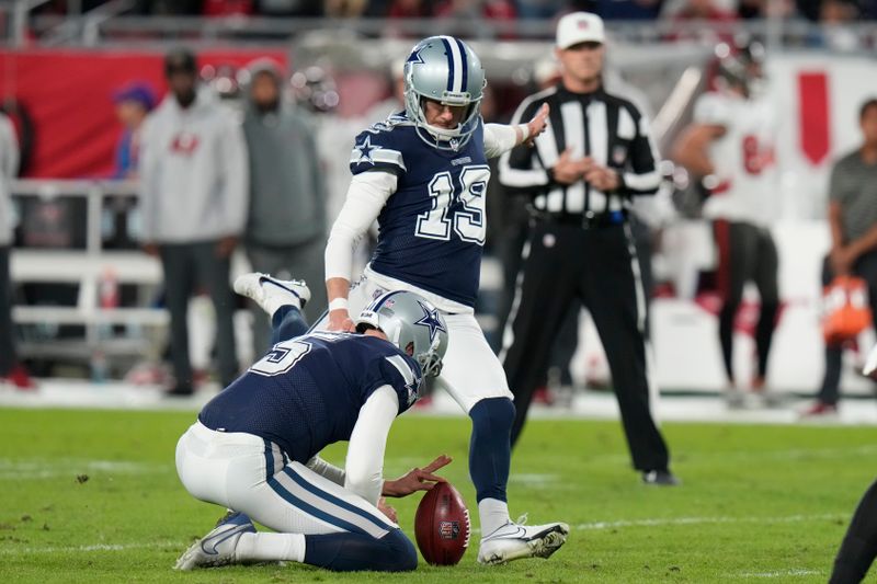 Dallas Cowboys place kicker Brett Maher (19) against the Tampa Bay Buccaneers during an NFL wild card playoff football game Monday, Jan. 16, 2023, in Tampa, Fla. (AP Photo/Chris O'Meara)