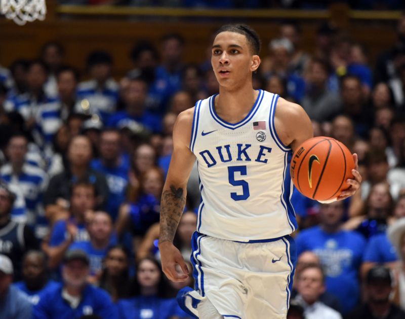 Nov 6, 2023; Durham, North Carolina, USA;Duke Blue Devils guard Tyrese Proctor(5) dribbles up court during the second half against the Dartmouth Big Green at Cameron Indoor Stadium. Mandatory Credit: Rob Kinnan-USA TODAY Sports