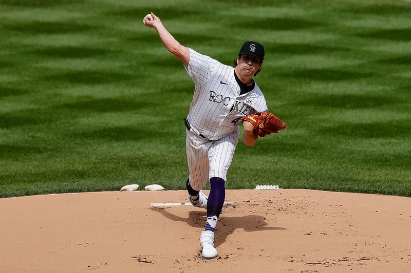 Sep 15, 2024; Denver, Colorado, USA; Colorado Rockies starting pitcher Cal Quantrill (47) pitches in the first inning against the Chicago Cubs at Coors Field. Mandatory Credit: Isaiah J. Downing-Imagn Images