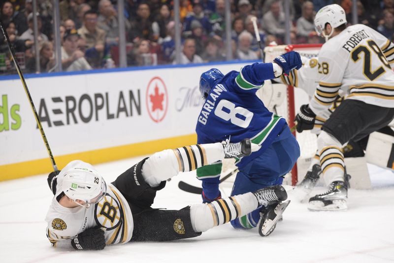 Feb 24, 2024; Vancouver, British Columbia, CAN;  Boston Bruins defenseman Brandon Carlo (25) is checked by Vancouver Canucks forward Conor Garland (8) during the third period at Rogers Arena. Mandatory Credit: Anne-Marie Sorvin-USA TODAY Sports