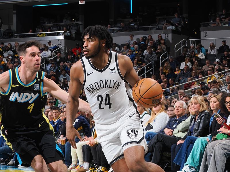 INDIANAPOLIS, IN - MARCH 16: Cam Thomas #24 of the Brooklyn Nets drives to the basket during the game against the Indiana Pacers on March 16, 2024 at Gainbridge Fieldhouse in Indianapolis, Indiana. NOTE TO USER: User expressly acknowledges and agrees that, by downloading and or using this Photograph, user is consenting to the terms and conditions of the Getty Images License Agreement. Mandatory Copyright Notice: Copyright 2024 NBAE (Photo by Ron Hoskins/NBAE via Getty Images)