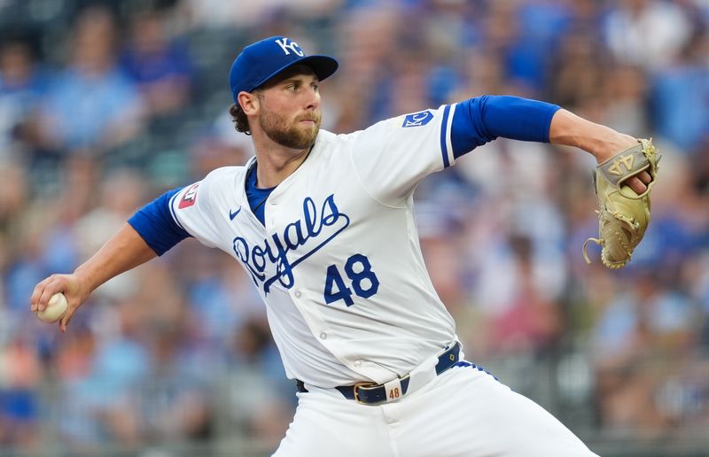 Jul 23, 2024; Kansas City, Missouri, USA; Kansas City Royals starting pitcher Alec Marsh (48) pitches during the first inning against the Arizona Diamondbacks at Kauffman Stadium. Mandatory Credit: Jay Biggerstaff-USA TODAY Sports