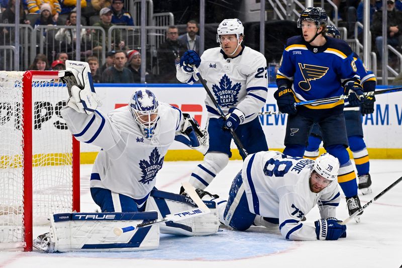 Feb 19, 2024; St. Louis, Missouri, USA;  Toronto Maple Leafs goaltender Ilya Samsonov (35) defends the net against the St. Louis Blues during the second period at Enterprise Center. Mandatory Credit: Jeff Curry-USA TODAY Sports