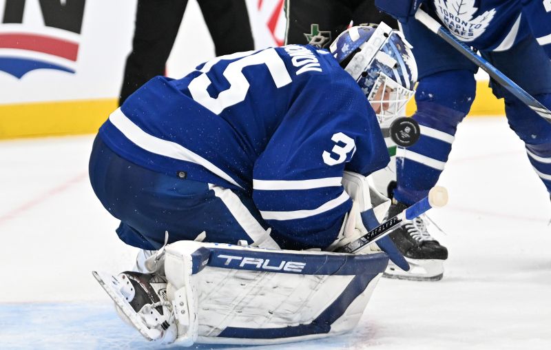 Feb 7, 2024; Toronto, Ontario, CAN; Toronto Maple Leafs goalie Ilya Samsonov (35) makes a save against the Dallas Stars in the second period at Scotiabank Arena. Mandatory Credit: Dan Hamilton-USA TODAY Sports