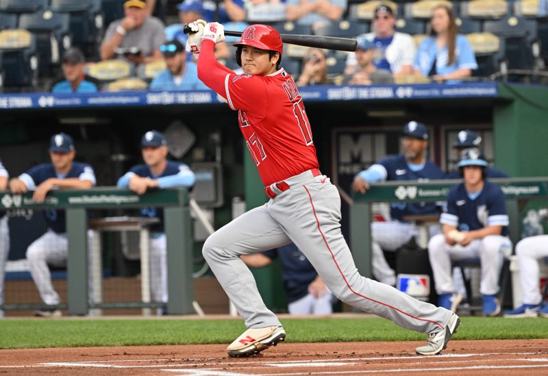 Jun 16, 2023; Kansas City, Missouri, USA; Los Angeles Angels designated hitter Shohei Ohtani (17) hits a double in the first inning against the Kansas City Royals at Kauffman Stadium. Mandatory Credit: Peter Aiken-USA TODAY Sports