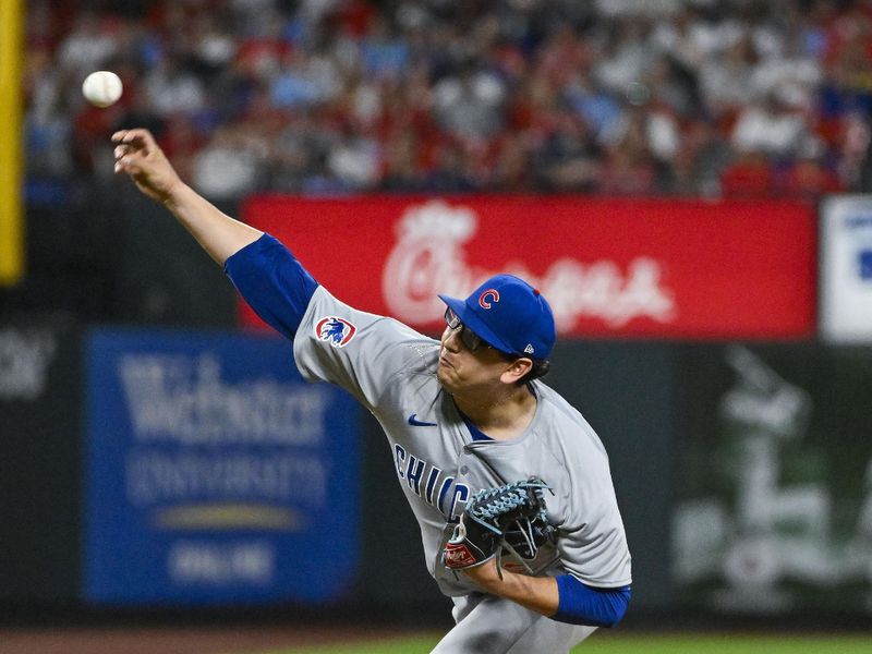 May 26, 2024; St. Louis, Missouri, USA;  Chicago Cubs starting pitcher Javier Assad (72) pitches against the St. Louis Cardinals during the second inning at Busch Stadium. Mandatory Credit: Jeff Curry-USA TODAY Sports