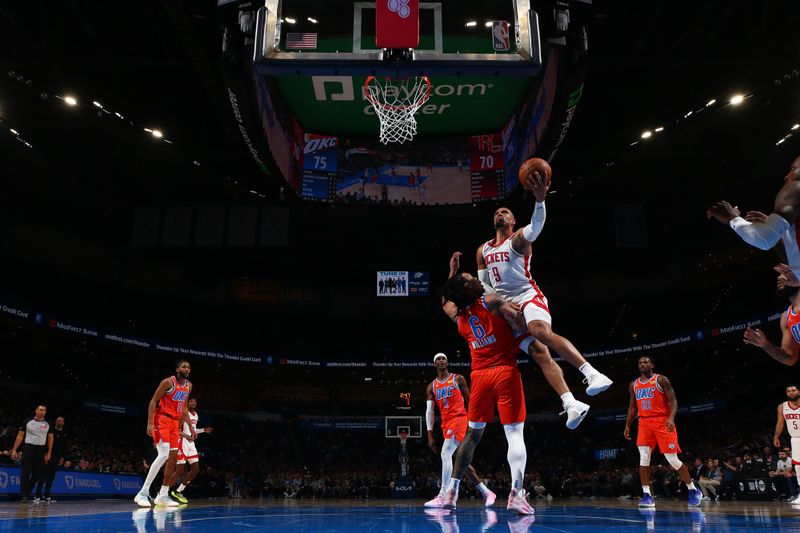 OKLAHOMA CITY, OK - FEBRUARY 27: Dillon Brooks #9 of the Houston Rockets drives to the basket during the game against the Oklahoma City Thunder on February, 2024 at Paycom Arena in Oklahoma City, Oklahoma. NOTE TO USER: User expressly acknowledges and agrees that, by downloading and or using this photograph, User is consenting to the terms and conditions of the Getty Images License Agreement. Mandatory Copyright Notice: Copyright 2024 NBAE (Photo by Zach Beeker/NBAE via Getty Images)