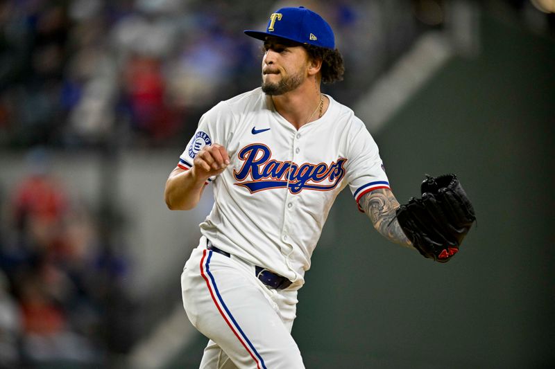 Apr 10, 2024; Arlington, Texas, USA; Texas Rangers relief pitcher Yerry Rodriguez (57) pitches against the Oakland Athletics during the seventh inning at Globe Life Field. Mandatory Credit: Jerome Miron-USA TODAY Sports