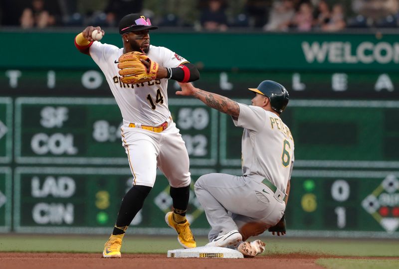 Jun 6, 2023; Pittsburgh, Pennsylvania, USA; Pittsburgh Pirates shortstop Rodolfo Castro (14) throws to first base to complete a double play over Oakland Athletics second  baseman Jace Peterson (6) during the fourth inning at PNC Park. Mandatory Credit: Charles LeClaire-USA TODAY Sports