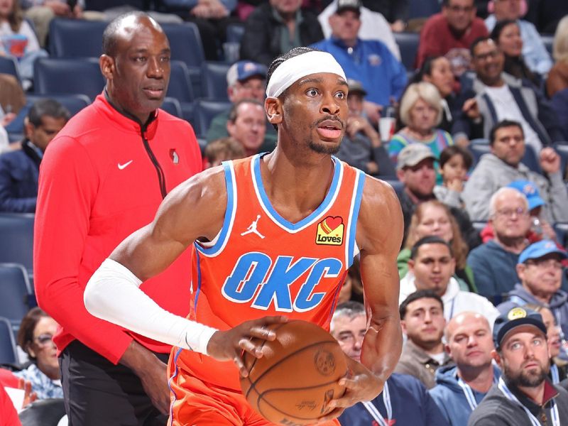 CHICAGO, IL - JANUARY 23: Shai Gilgeous-Alexander #2 of the Oklahoma City Thunder looks on during the game against the Portland Trail Blazers on January 23, 2024 at United Center in Chicago, Illinois. NOTE TO USER: User expressly acknowledges and agrees that, by downloading and or using this photograph, User is consenting to the terms and conditions of the Getty Images License Agreement. Mandatory Copyright Notice: Copyright 2024 NBAE (Photo by Jeff Haynes/NBAE via Getty Images)