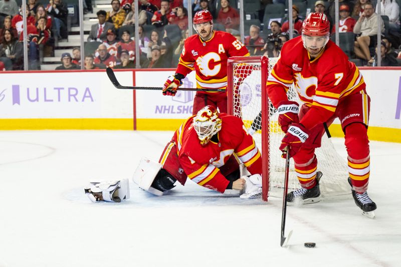 Nov 22, 2025; Calgary, Alberta, CAN; Calgary Flames goaltender Devin Cooley (1) loses his blocker while making a save against the Dallas Stars during overtime at Scotiabank Saddledome. Mandatory Credit: Brett Holmes-Imagn Images