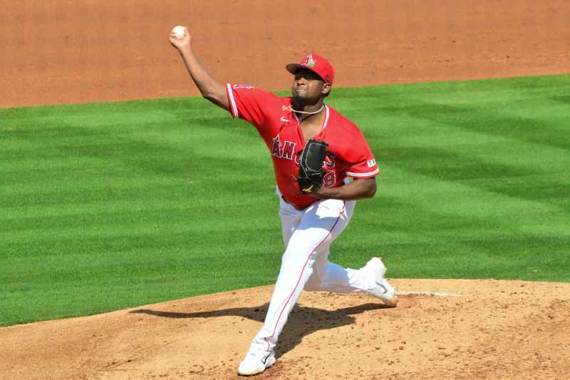 Feb 26, 2026; Tempe, Arizona, USA; Los Angeles Angels pitcher Jose Soriano (59) throws a pitch in the third inning against the Chicago Cubs at Tempe Diablo Stadium. Mandatory Credit: Matt Kartozian-Imagn Images