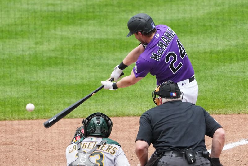 Jul 30, 2023; Denver, Colorado, USA; Colorado Rockies third baseman Ryan McMahon (24) RBI doubles in the fifth inning against the Oakland Athletics  at Coors Field. Mandatory Credit: Ron Chenoy-USA TODAY Sports