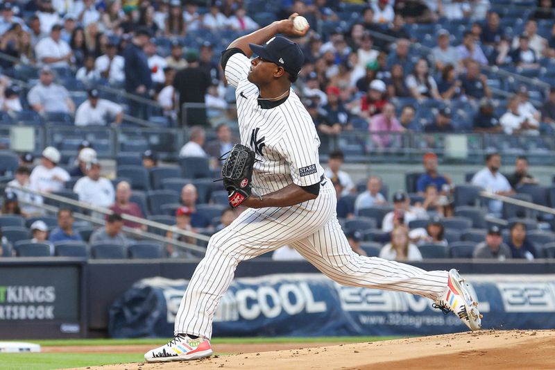 Aug 23, 2023; Bronx, New York, USA; New York Yankees starting pitcher Luis Severino (40) delivers a pitch during the first inning against the Washington Nationals at Yankee Stadium. Mandatory Credit: Vincent Carchietta-USA TODAY Sports